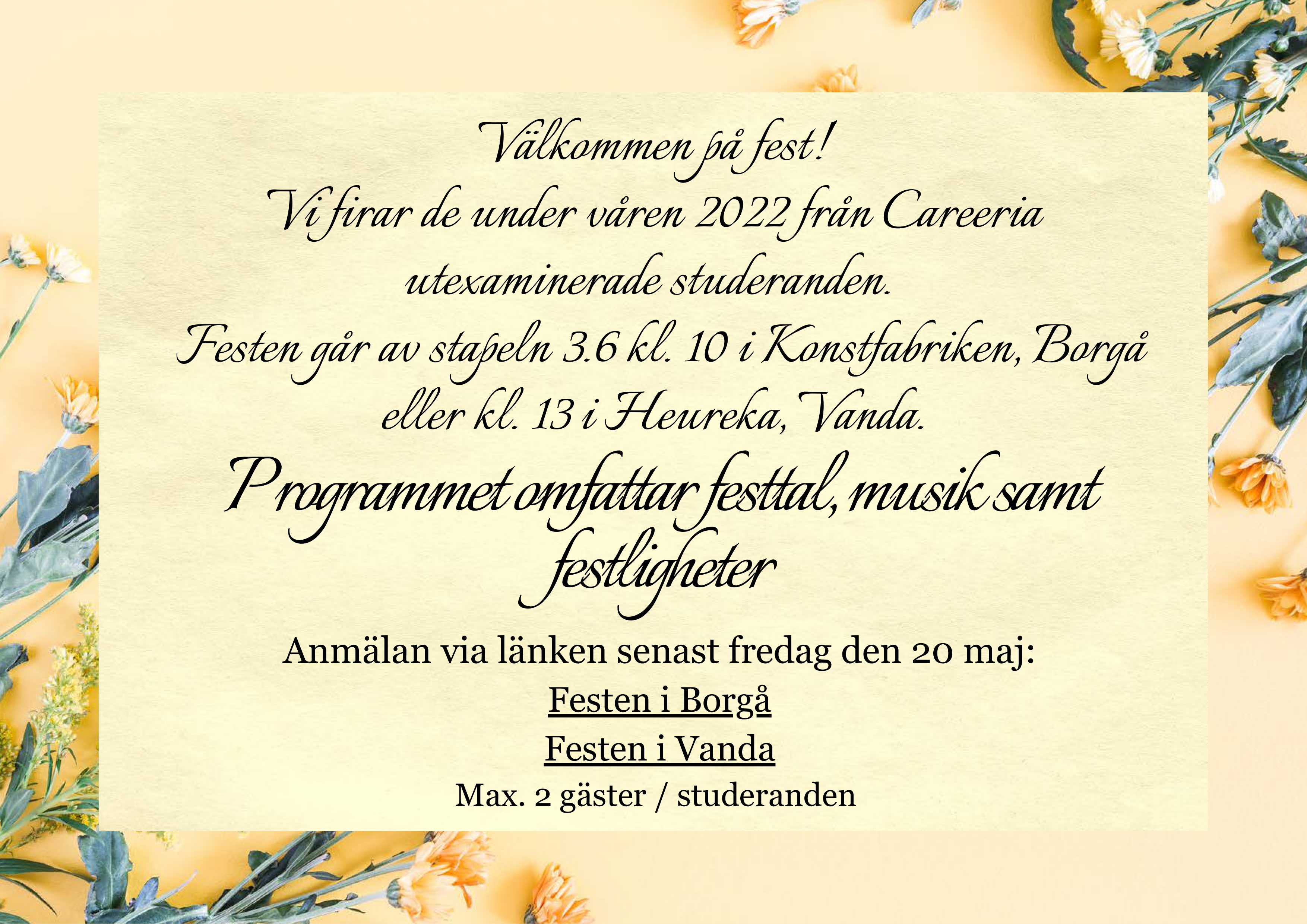 Ruotsinkielinen kutsu valmistujaisjuhlaan 3.6.2022.
