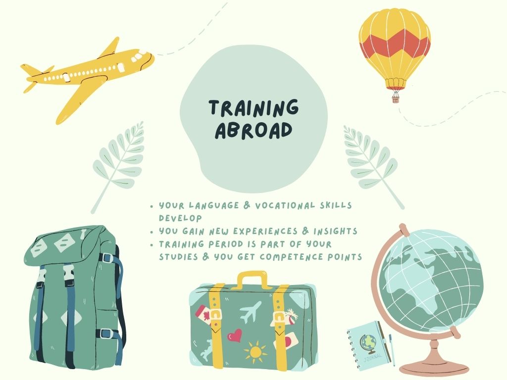 In the picture there is an airplane, hotairballoon, backpack, suitcase and a globe. Text reads "Training abroad: your language and vocational skills develop, you gain new experiences and insights; training period is part of your studies and you get competence points."