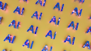Tekoälyä kuvaavat AI-kirjaimet moneen kertaan keltaisella taustalla.