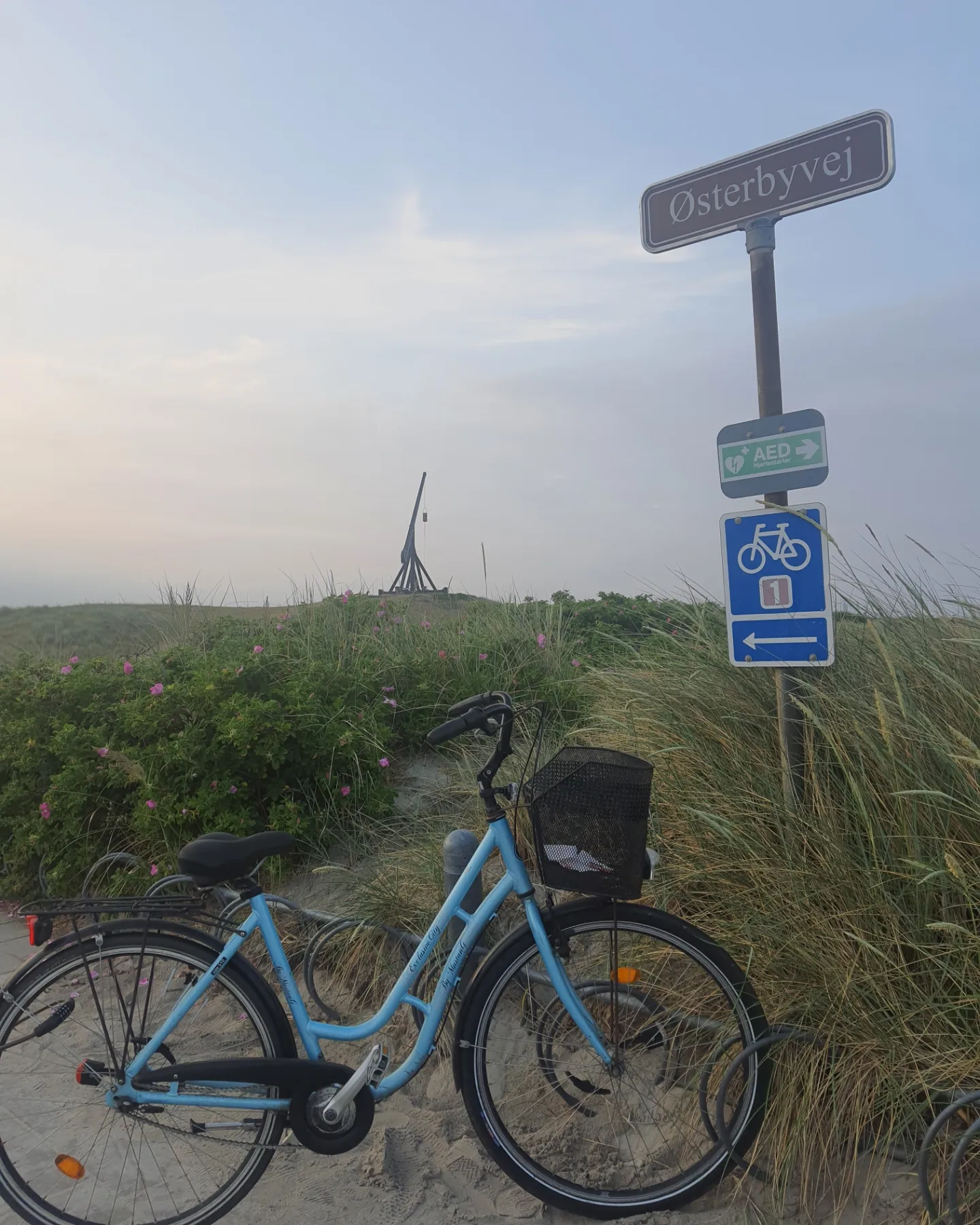 Vaaleansininen polkupyörä parkkeerattuna liikennemerkin viereen hämyisellä rannalla.