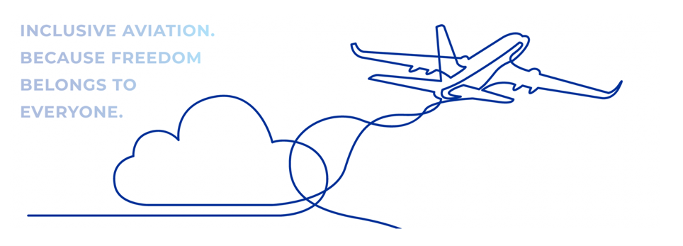 Piirros, jossa lentokone muodostaa jäljellään pilven, vieressä teksti: Inclusive aviation. Because freedom belongs to everyone.