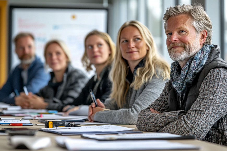 Tiiminjäsenet istuvat neuvotteluhuoneessa pöydän ääressä ja odottavat Belbin-testauksen tiimituloksia.