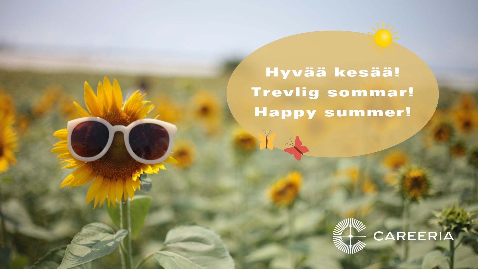 Auringonkukka aurinkolasit päässä auringonkukkapellossa. Kuvassa hyvän kesän toivotus suomeksi, ruotsiksi ja englanniksi.