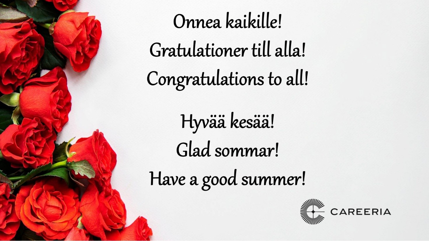 Onnea kaikille! Gratulationer till alla! Congratulations to all! Hyvää kesää! Glad sommar! Have a good summer!