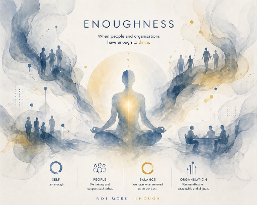 Enoughness. When people and organisations have enough to thrive. Self, people, balance, organisation.