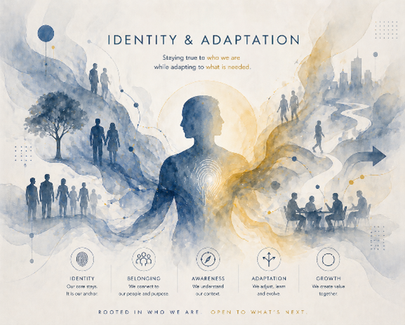Identity & adaptation. Staying true to who we are while adapting to what is needed. Identity, belonging, awareness, adaptation, growth.