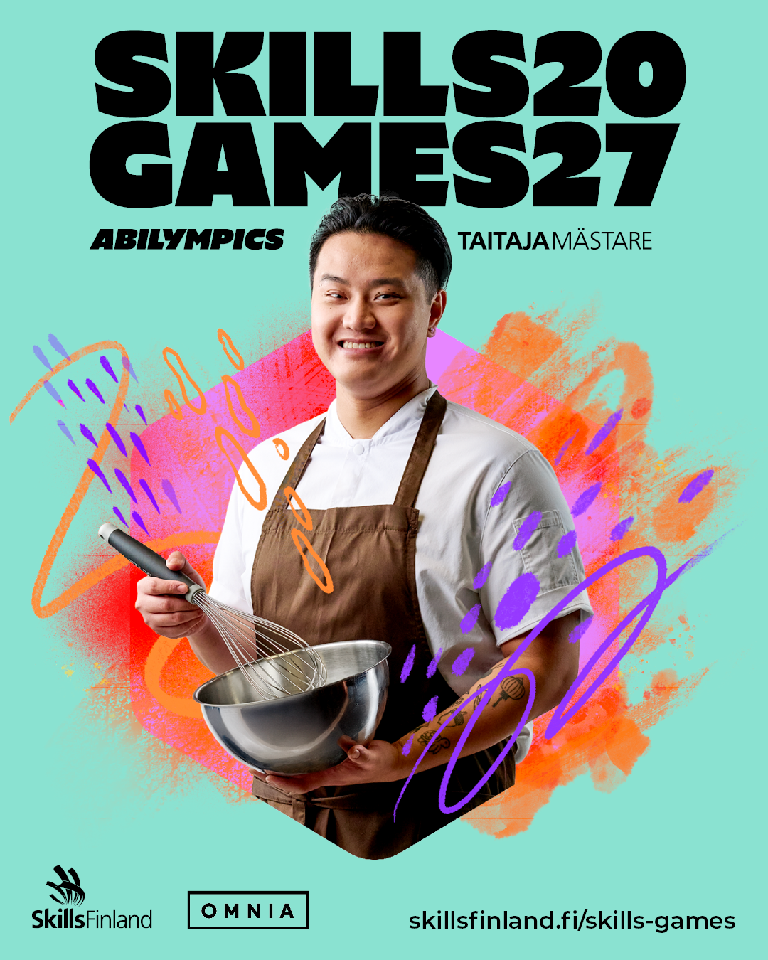 SkillsGames2027-juliste, jossa on nuori mies kädessään vispilä ja kulho värikästä taustaa vasten.