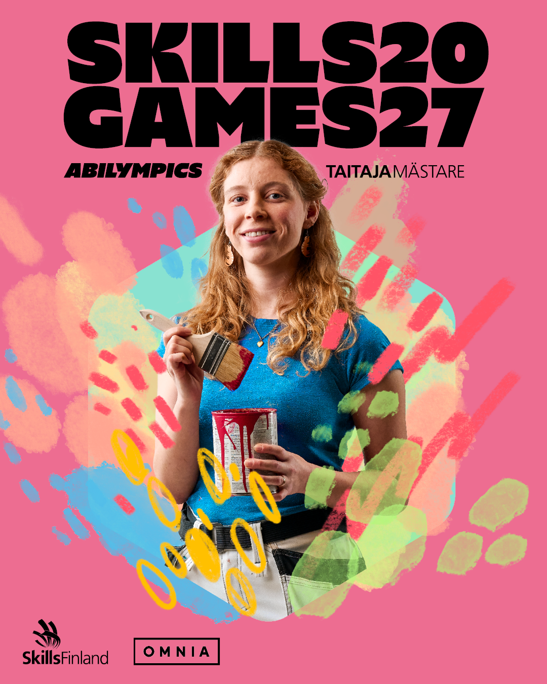 SkillsGames2027-tapahtuman mainosjuliste, jossa on nuori nainen pensseli ja maalipurkki kädessään kuvattuna värikästä taustaa vasten.