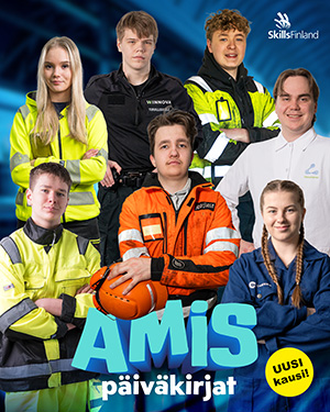 mispäiväkirjat-sarjan uuden kauden seitsemän nuorta eri ammattialojen työvaatteissa. Kuvassa SkillsFinlandin logo ja teksti ”Uusi kausi!”.