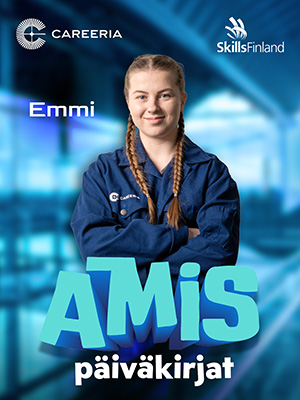 Amispäiväkirjat-sarjan Emmi Careerian työvaatteissa teollisuusympäristössä. Kuvassa Careerian ja SkillsFinlandin logot.