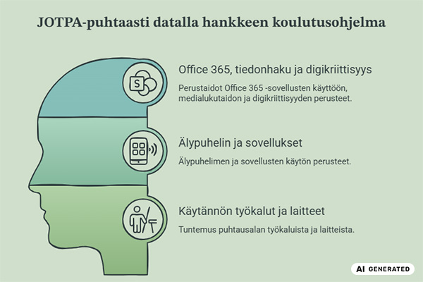 Infografiikka Puhtaasti datalla JOTPA-hankkeen osaamisalueista: Office 365, tiedonhaku ja digikriittisyys, älypuhelimen ja sovellusten käytön perusteet sekä puhtausalan käytännön työkalujen ja laitteiden tuntemus.