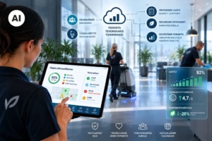 Tekoälyllä luodussa kuvassa puhtauspalvelualan työntekijä tarkastelee tabletilla tilojen siivoustilannetta. Kuvan infografiikka havainnollistaa datan hyödyntämistä siivouksen laadun seurannassa, resurssien optimoinnissa ja ympäristövaikutusten vähentämisessä.